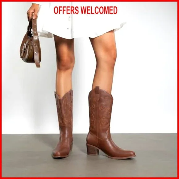 Women's Cowboy Boots with Embroidery, Chunky Heel, Mid Calf, Western Style - Picture 3 of 7